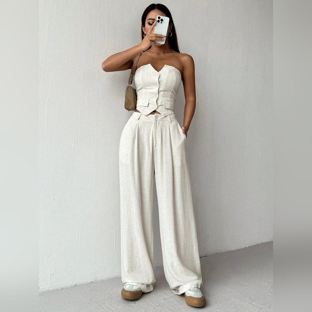 Ladies' Linen Simple Solid Color Tube Top And Long Pants Two-Piece Set - Picture 1 of 7
